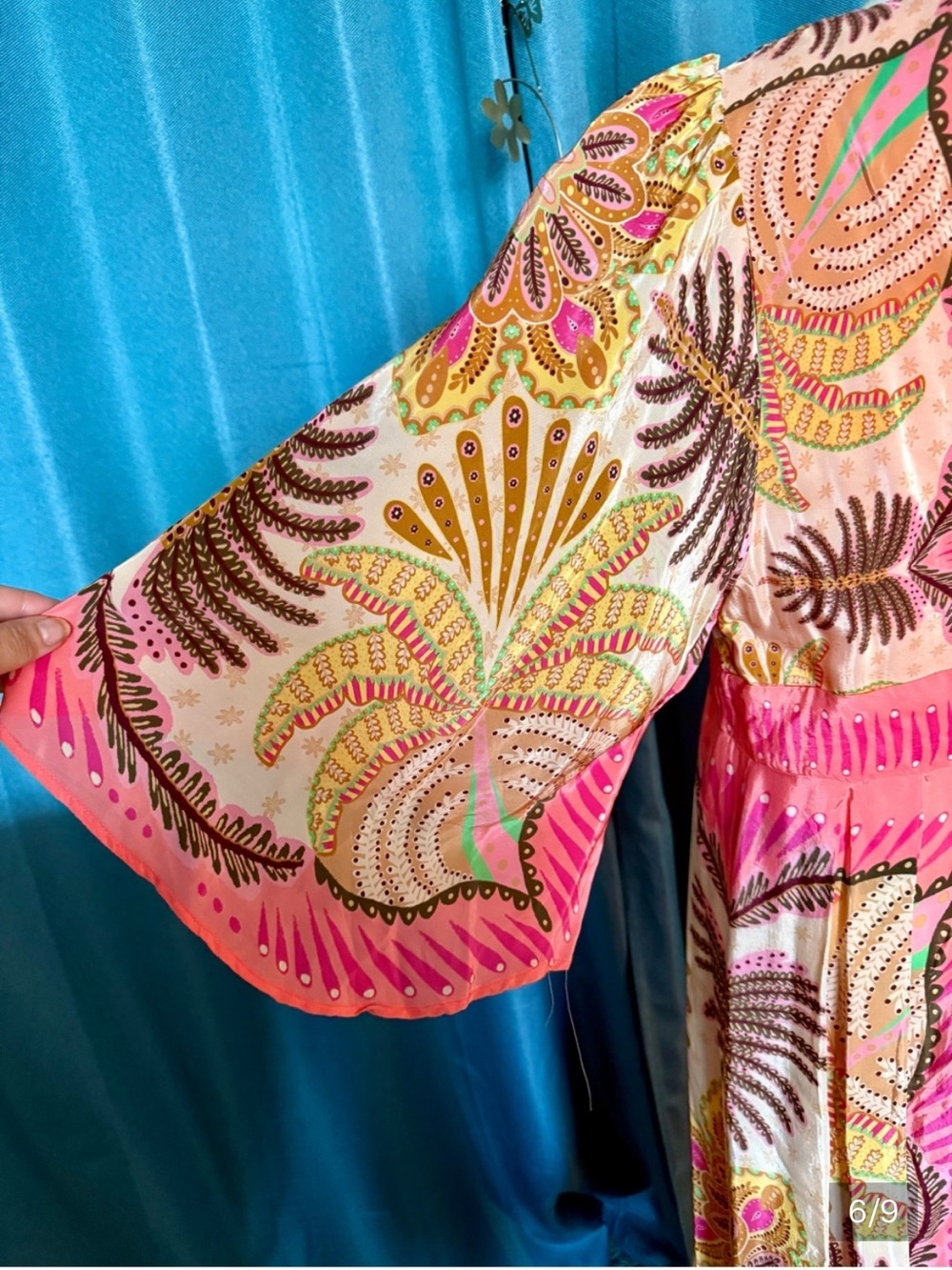 FARM Rio Palm Scarf Sand Coral Pink & Yellow Tropical Print Maxi Dress, NWT, XL - Picture 10 of 11